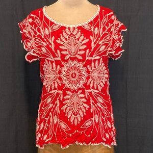 Solitaire‎ for Anthropologie Red Rayon Top with Elaborate White Embroidery